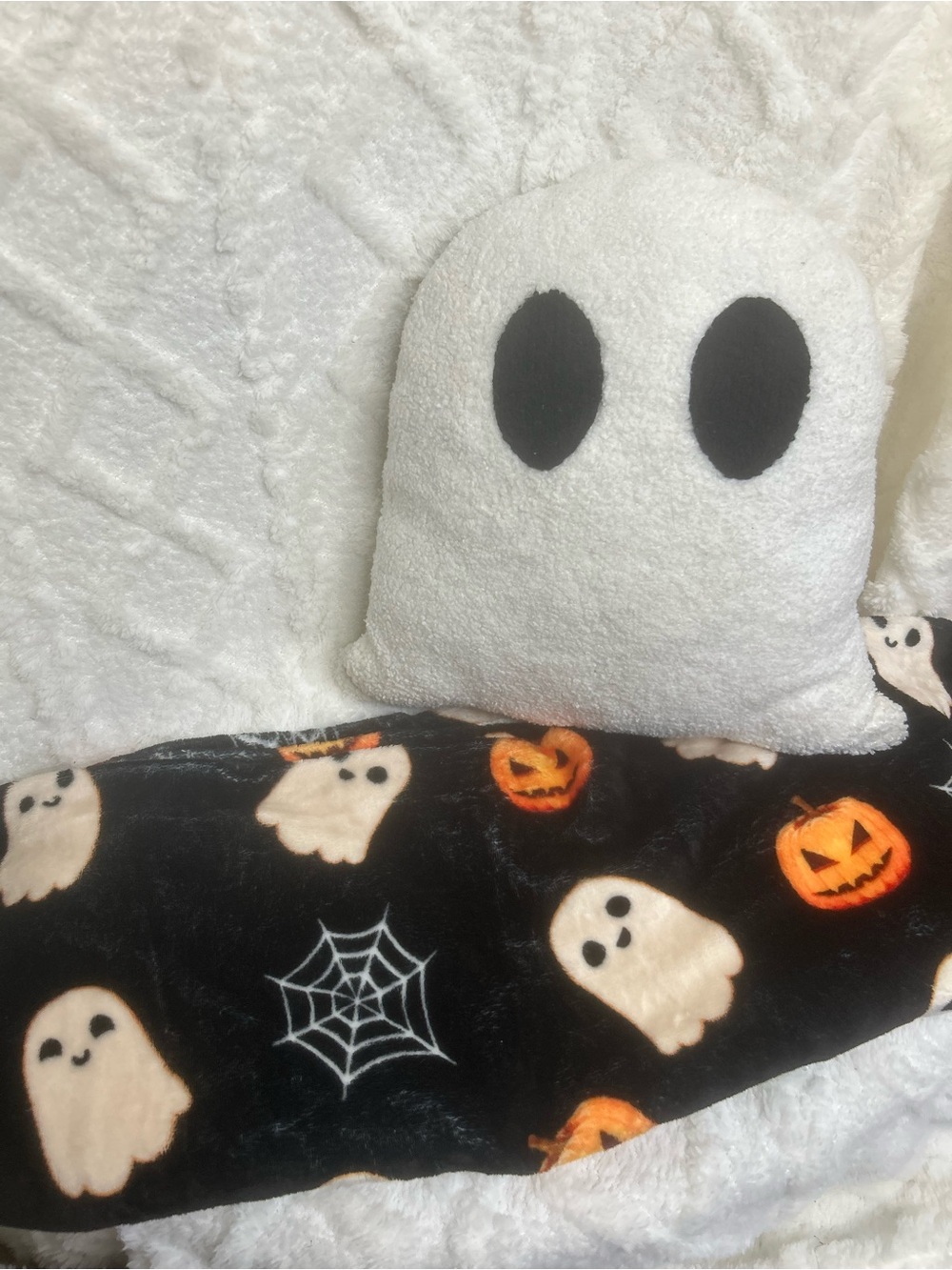 Kids Halloween Ghost Pillow and Small Blanket - White, Black & Orange